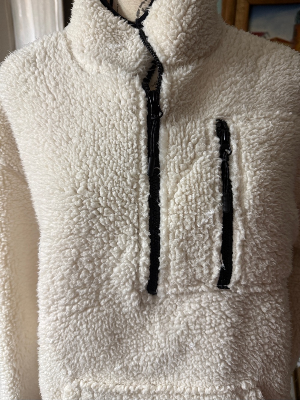 No Boundaries Cream Sherpa Pullover with Black Zipper Accents